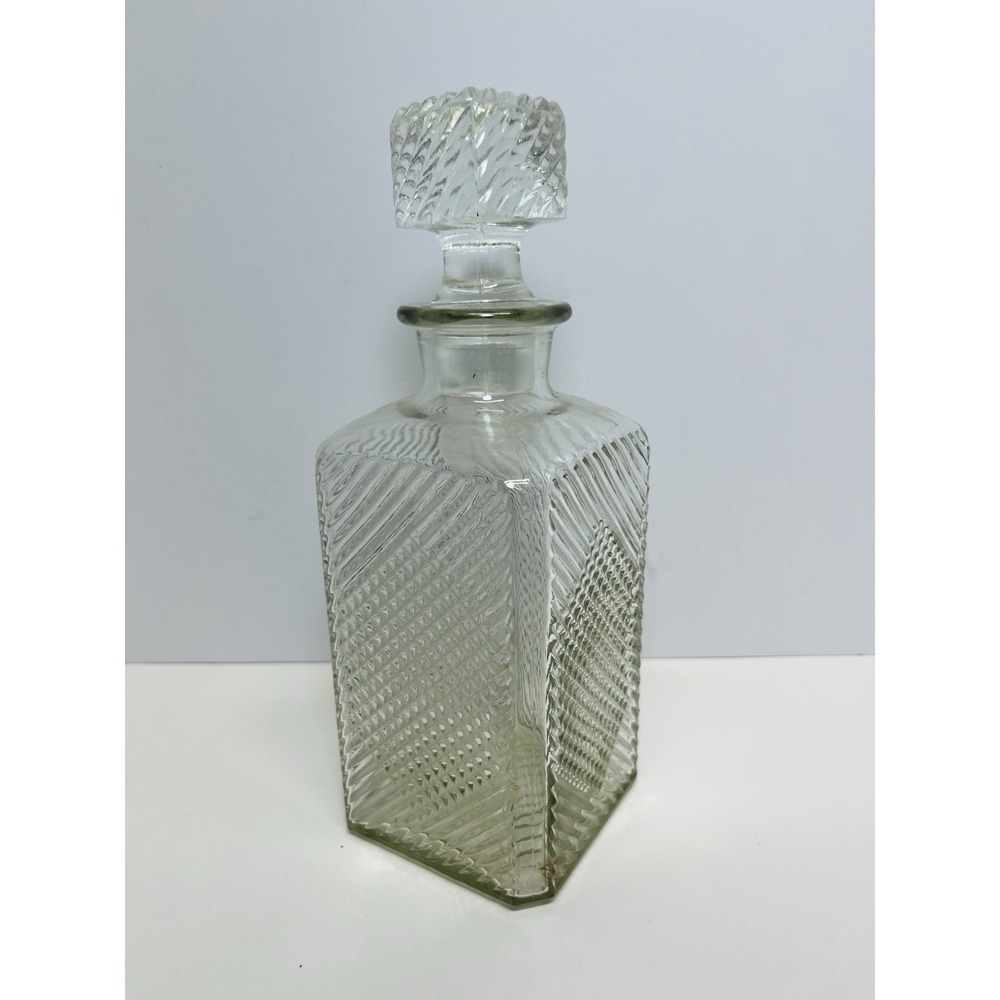 Vintage Diamond Pattern Glass Decanter Square Stopper MCM Barware Vanity Bottle